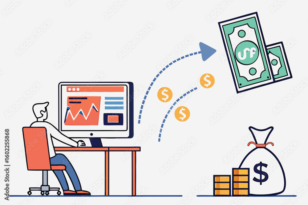Poster freelancer working at desk with computer analyzing financial data and earning money through online t