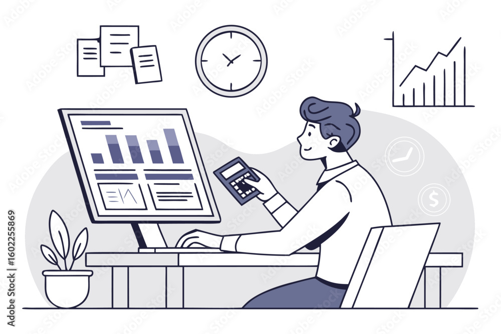 Poster working at a desk with charts and reports, a person uses a calculator while analyzing data on a comp
