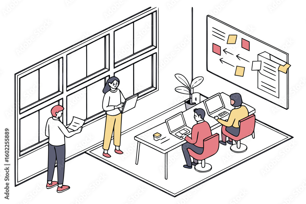 Poster team brainstorming session in a modern office with interactive tools and collaborative environment