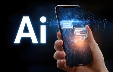 Hand holding smartphone with AI overlay, showing chat bubbles and circuit board