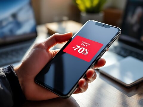 A smartphone screen shows a flash sale discount notification. Ideal for digital marketing, online shopping, and e-commerce promotion visuals
