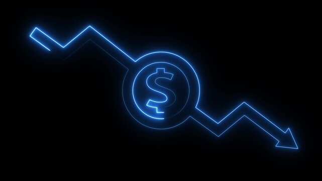 Money loss concepts. Cash down, arrow and dollar stocks graph, market fall. neon down arrow stocks graph, Neon line and arrow with black background.