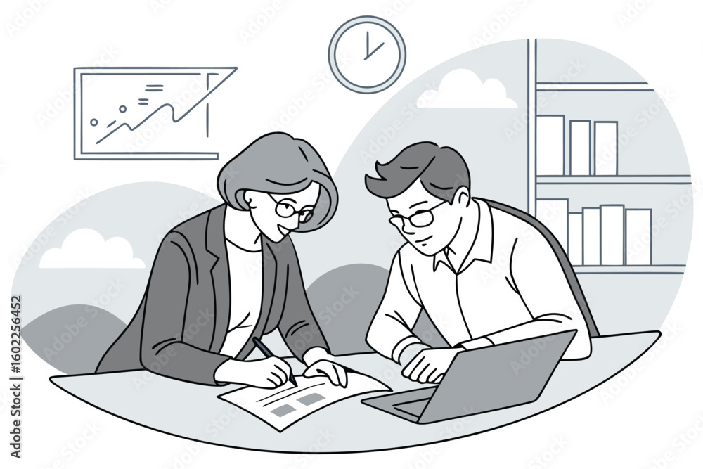 Poster discussion between two colleagues reviewing documents in a modern office setting near a window with 