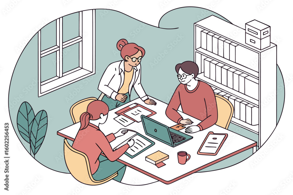 Poster team members collaborating on a project in a modern office setting with a laptop, documents, and a b