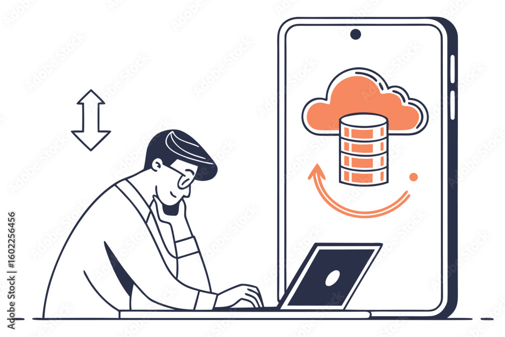 Aufkleber person working remotely in a home office setting, syncing data to the cloud while communicating on a