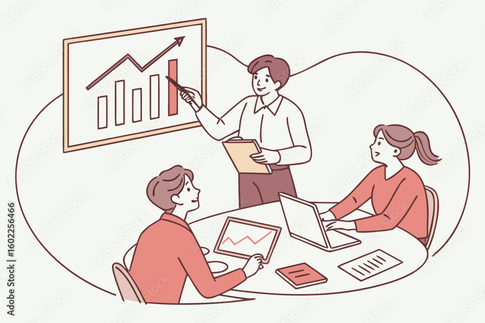 Poster business presentation in a modern office setting with team discussing analytics and growth strategie