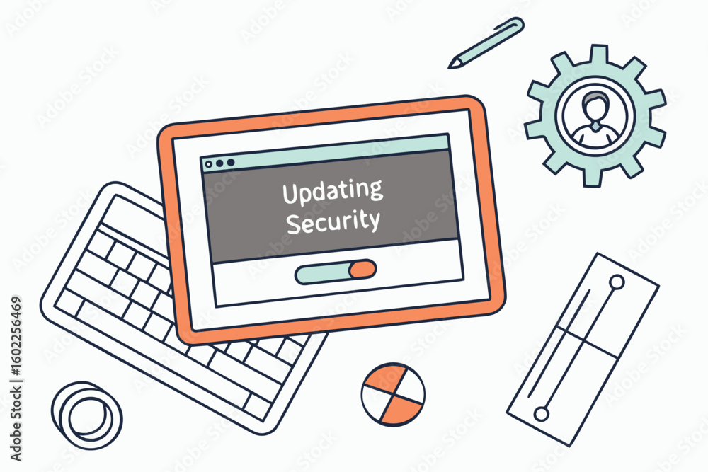 Poster updating security features on a computer system with various tools and elements in a workstation set