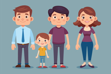 Cartoon family standing together with smiles in a friendly atmosphere, featuring a father, mother, son, and child, suitable for family-related themes or illustrations