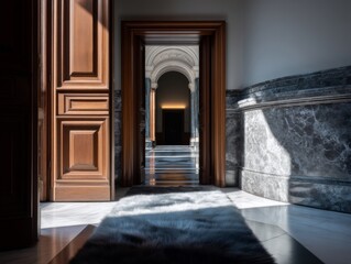 Elegant entrance to historical gallery museum hallway architectural photography marble surroundings perspective view timeless beauty