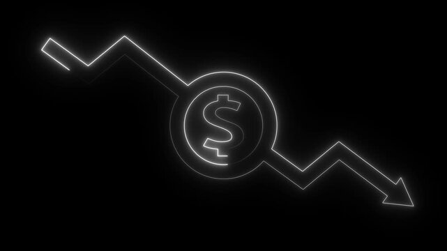 Money loss concepts. Cash down, arrow and dollar stocks graph, market fall. Neon line and arrow down animation.