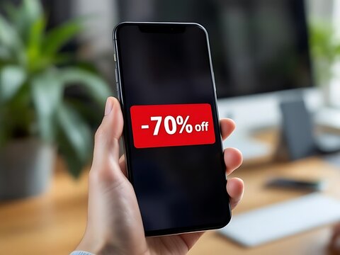 Smartphone display with flash sale discount alert, perfect for illustrating digital marketing, online shopping deals, and e-commerce advertising visuals