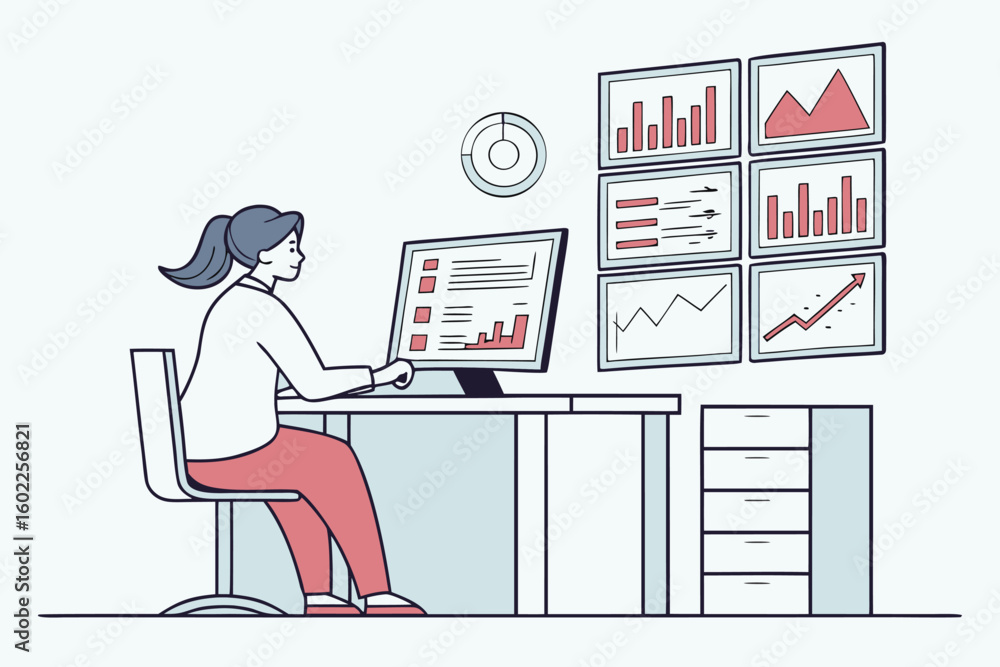 Poster professional woman analyzing data on computer with multiple graphs and charts displayed on the wall 