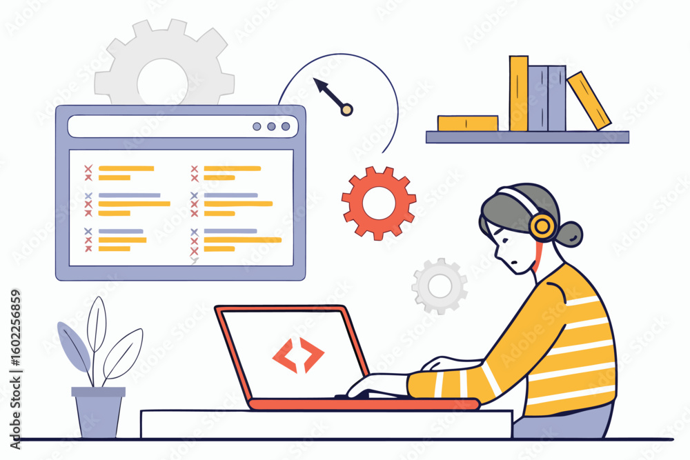 Poster person working on a laptop with coding elements and tools in a modern workspace during the daytime
