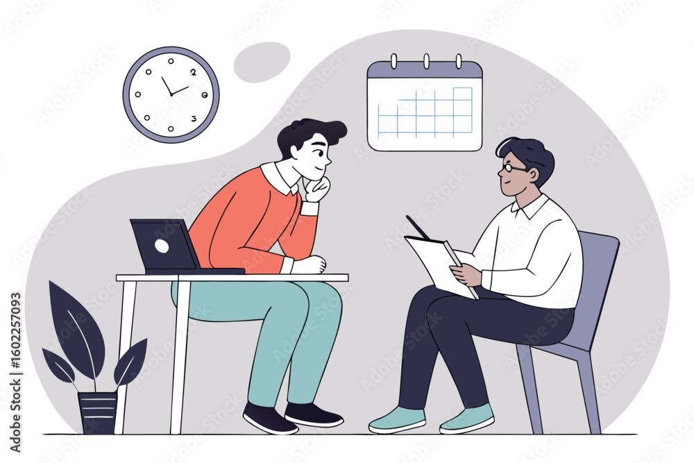 Poster two individuals engage in a conversation during a scheduled meeting at an office setting with a cloc