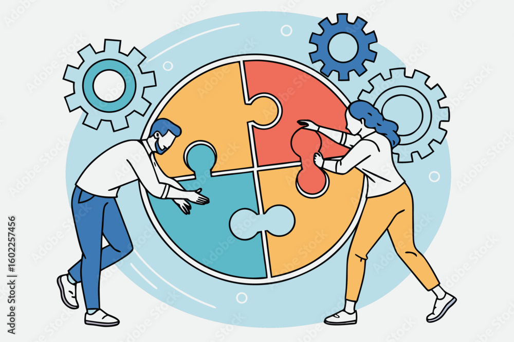 Poster collaborative teamwork illustrated with two people solving a colorful puzzle surrounded by gears, re