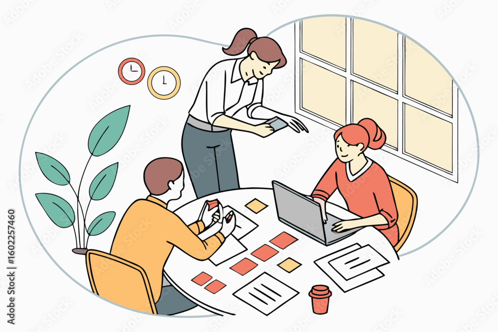 Poster team collaborates in a modern workspace discussing ideas and strategies near a large window on a bri