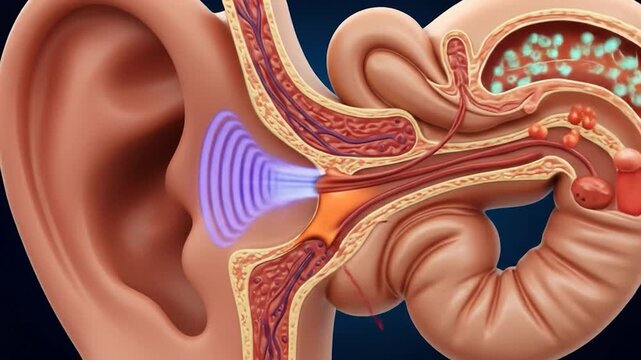 Human Ear Anatomy with Sound Waves: Detailed Cross-Section of Hearing Mechanism