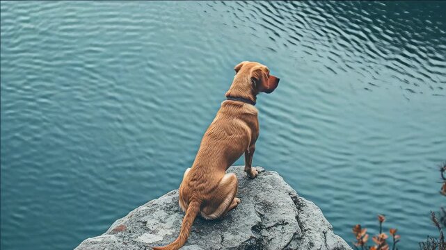A dog sitting on a rock ledge overlooking water, reflecting contemplatively.