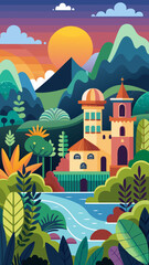 Fototapeta premium Vector art of a vibrant fantasy landscape with a castle by a river at sunset
