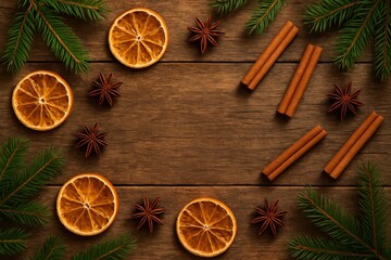 Flat Lay with Dried Oranges and Christmas Spices. AI Generative.