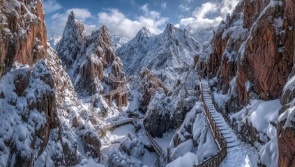 Snowy mountain pass with wooden stairs (1)