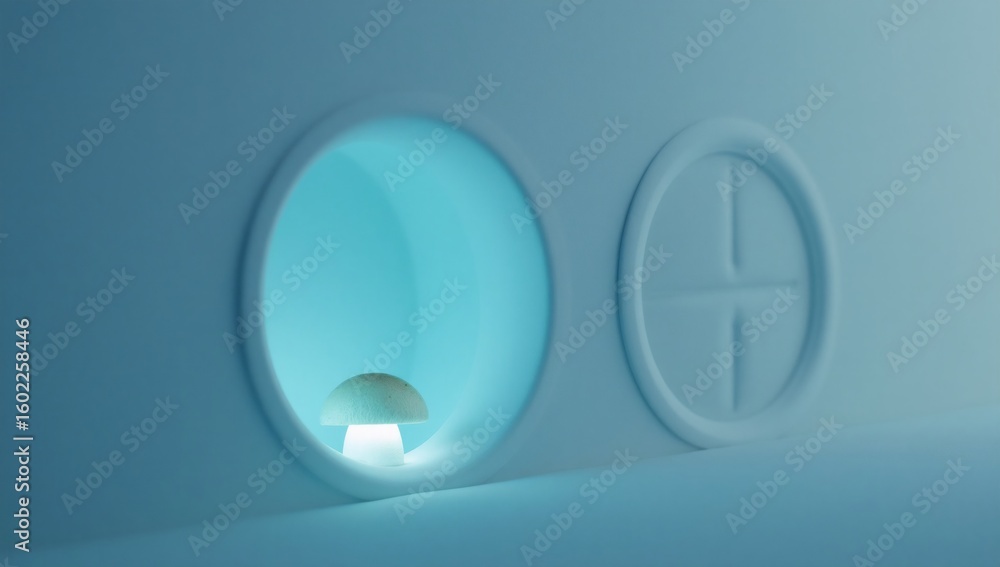 Fototapete glowing object in a round window opening, abstract blue background