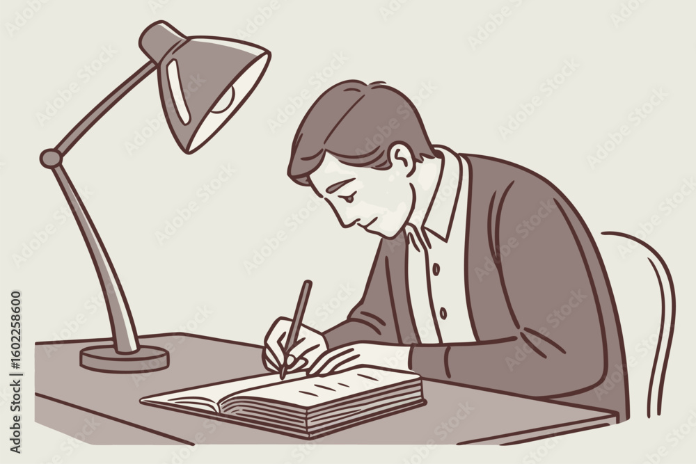 Poster man writing in a notebook under a desk lamp in a cozy indoor setting during evening hours