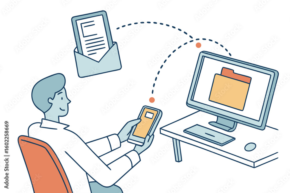 Poster man working on file transfer between smartphone and computer in a modern office setting, focusing on