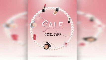 Luxurious beauty sale 20 percent off promotion featuring lipstick foundation compact powder makeup accessories elegantly arranged on a pearl 4K Ai HD video.

