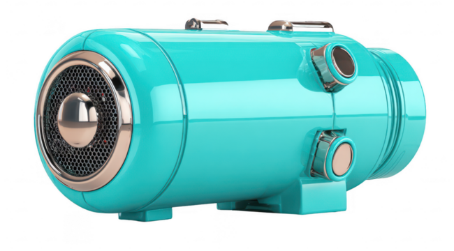 Teal cylindrical device with metallic accents