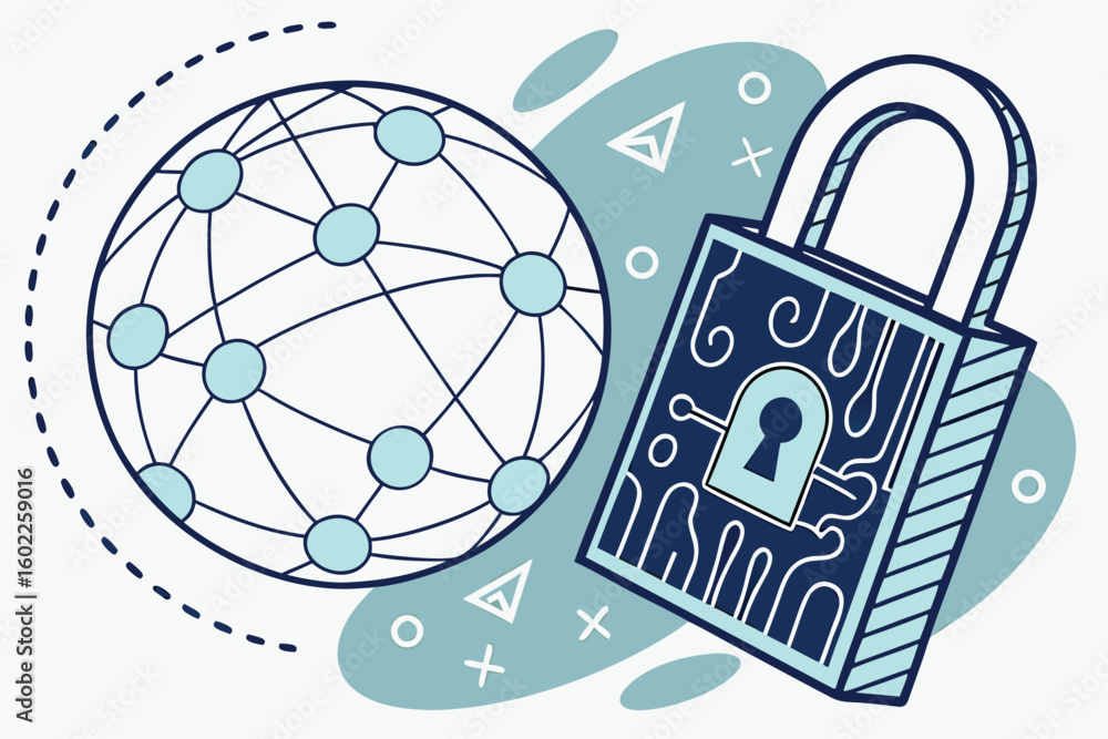 Poster digital security concept featuring a globe and a padlock with network connections representing onlin