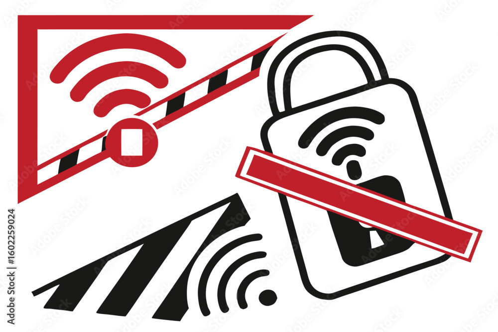 Poster warning symbols indicating restricted access to wireless networks, emphasizing security measures in 