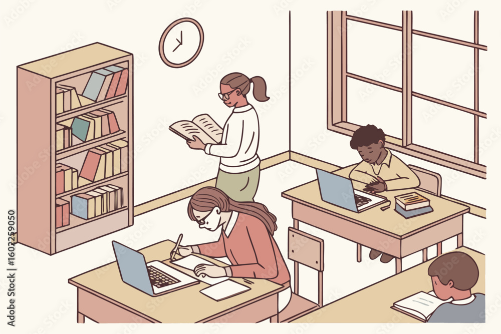Poster students engaged in learning activities in a classroom with a bookshelf and a teacher reading a book
