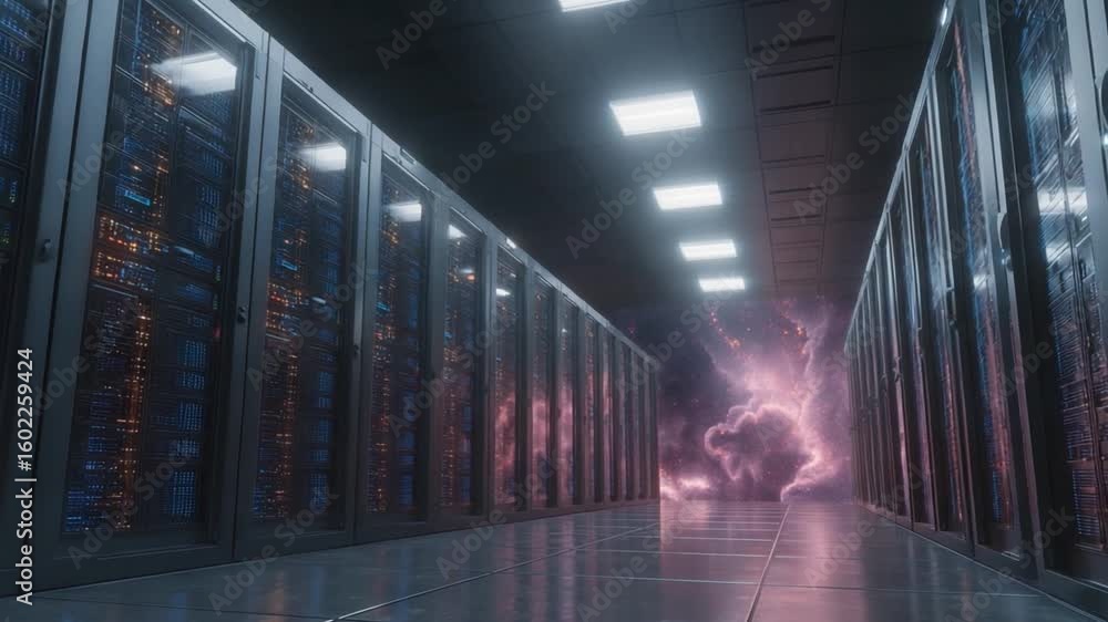 Aufkleber data center's quantum realm: a futuristic server room, housing rows of cutting-edge data servers, is