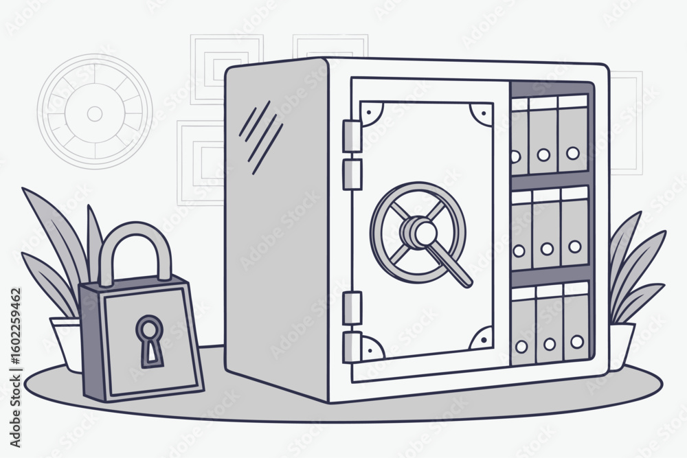Poster secure storage solutions featuring a large safe, files, and padlock in a modern office setting with 