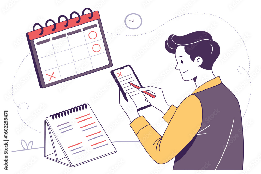Poster planning and organizing tasks with a digital calendar and a notepad during the day