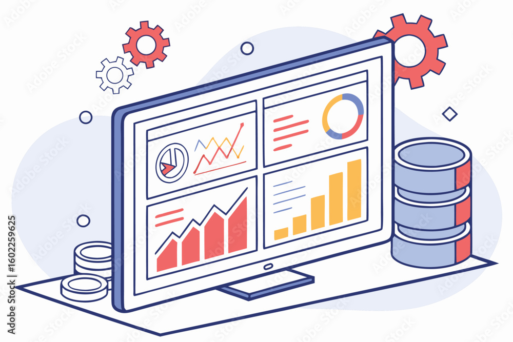Poster data analysis dashboard showcasing multiple charts and graphs with stylized gears and coins in a mod
