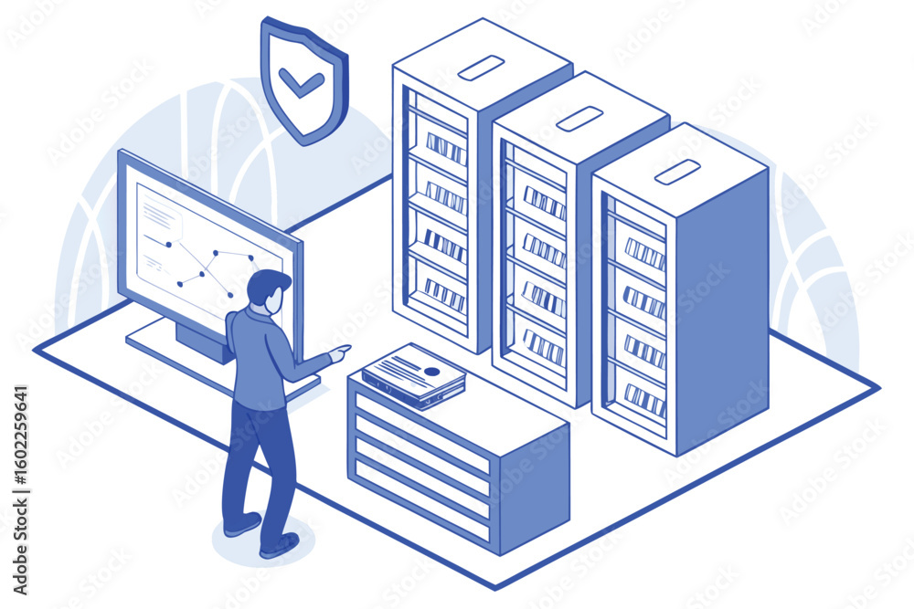 Poster user interacting with data storage system in modern office environment designed for efficient inform