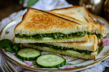 Green Chutney Sandwiches cut into triangles, layered with spicy mint chutney and cucumber slices, on a floral plate 