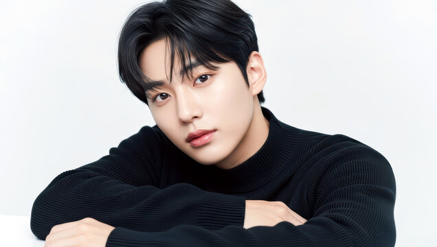 검은색 니트를 입은 깨끗한 피부를 가진 잘생긴 한국 남성 모델