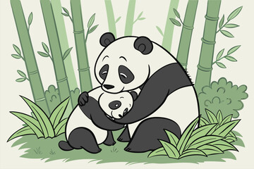 Panda mother embraces her cub in a serene bamboo forest