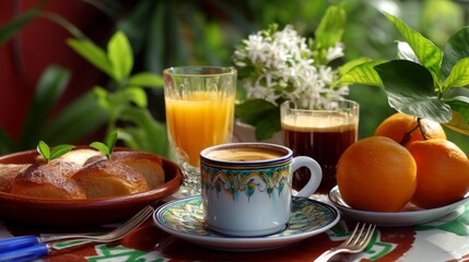Delightful breakfast experience cozy indoor ambiance with coffee pastries and fresh fruit close-up view of morning rituals