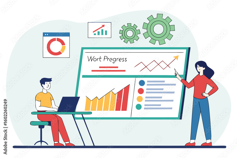 Poster visual representation of team collaboration on progress report for project metrics and data analysis