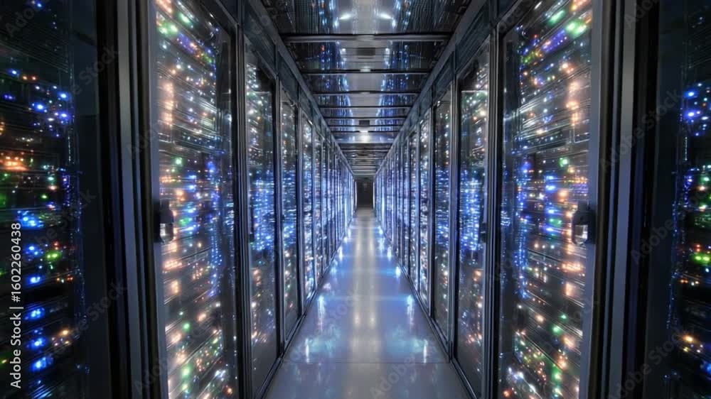 Poster illuminated data center: a long corridor within a data center is illuminated by rows of powerful ser