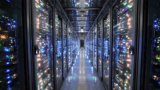 Illuminated Data Center: A long corridor within a data center is illuminated by rows of powerful servers, hinting at the digital world's vast capacity. The glow suggests technological sophistication.