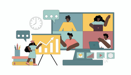 Concept teacher conducts an online lesson. Little people learning using gadgets and internet. Vector flat illustration