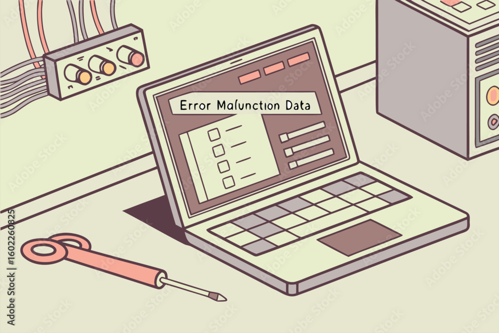 Aufkleber technical workspace featuring a laptop displaying error malfunction data alongside tools and wiring 