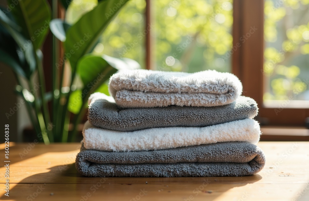 Poster a stack of neatly folded towels placed on a wooden surface in a bright room with large windows and g