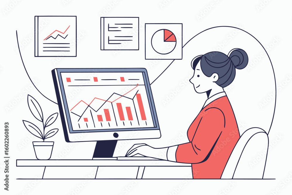 Poster business professional analyzing financial data on computer while seated at desk surrounded by charts