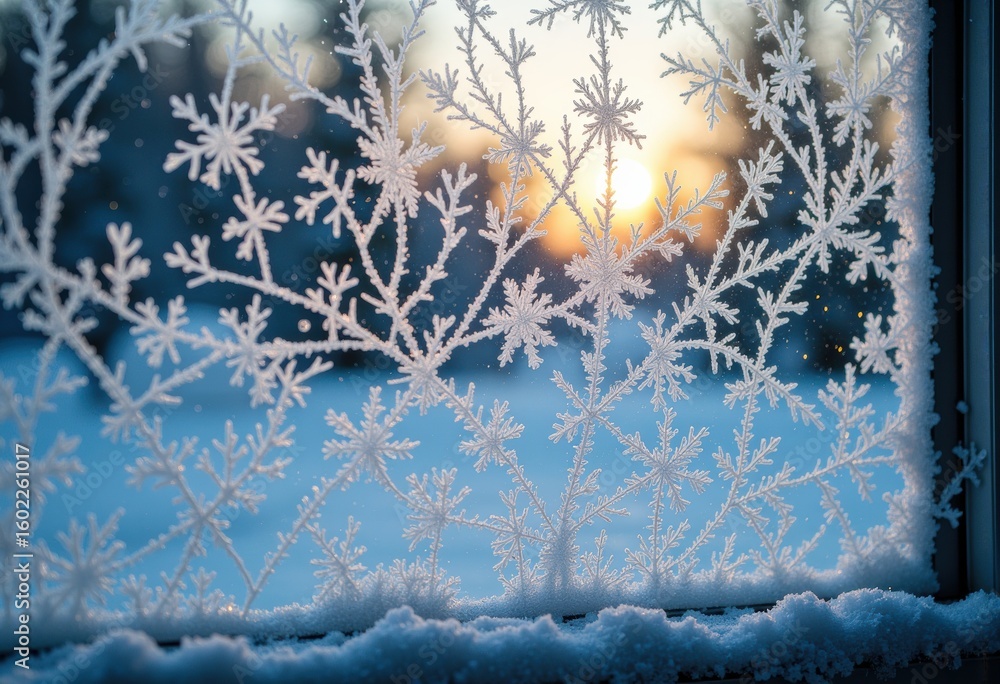 Poster frosted window with intricate snowflake patterns and a sunset backdrop